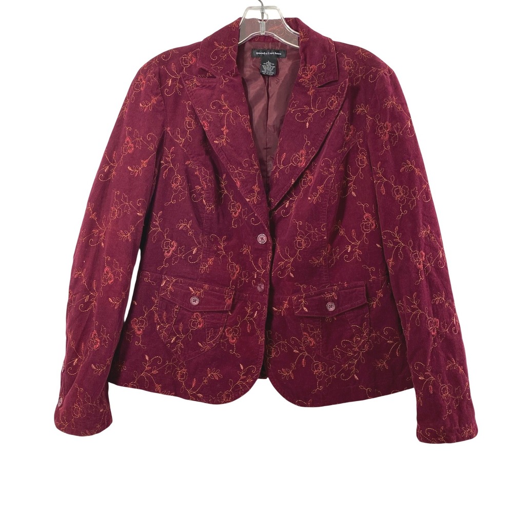 Womens Corduroy Blazer Size L Burgundy Floral Embroidered Jacket Tailored Layer